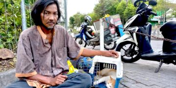 Sugiyanto bersama kucing yang butuh perawatan.