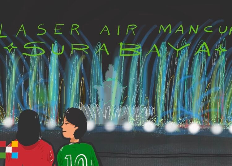 Laser Air Mancur, wisata baru di kawasan Jembatan Suroboyo sebagai cara lain menikmati Pantai Kenjeran Surabaya yang keruh MOJOK.CO