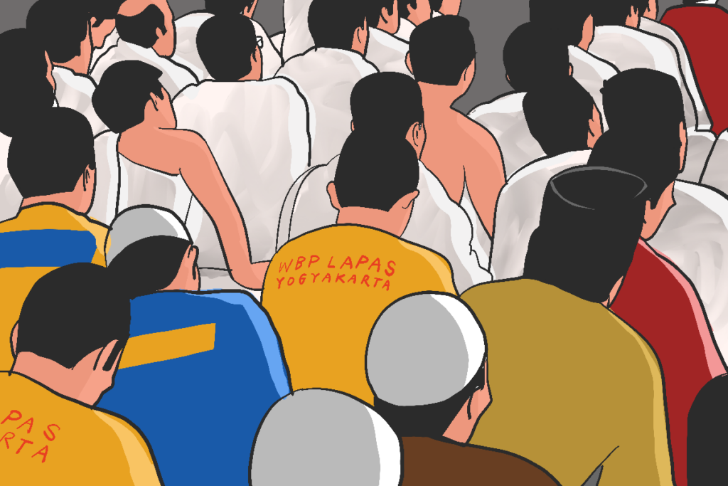 Para napi di Masjid Al-Fajar Lapas Wirogunan mendengar ceramah haji sebelum iduladha. MOJOK.CO