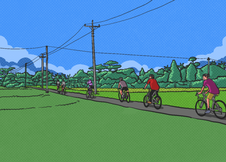 Bersepeda di Kapanewon Minggir, Sleman. MOJOK.CO