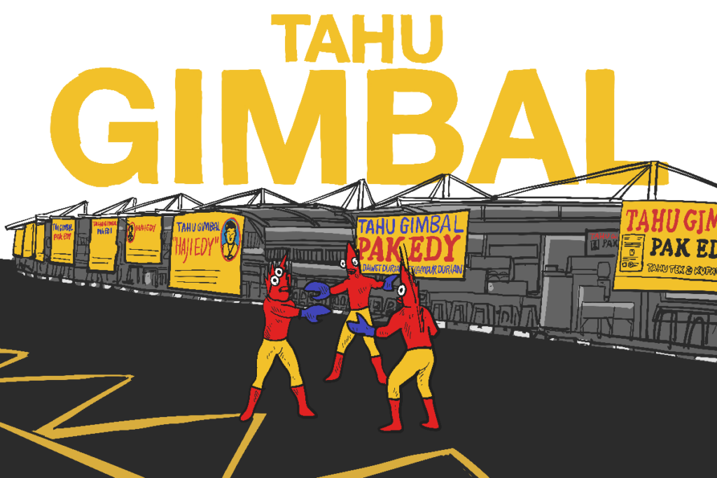 Lapak tahu gimbal yang berjejer di Taman Indonesia Kaya, Semarang. MOJOK.CO