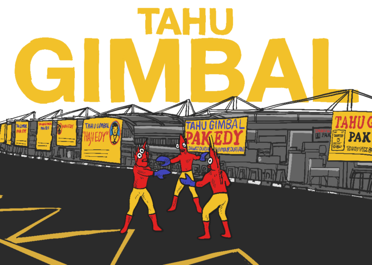 Lapak tahu gimbal yang berjejer di Taman Indonesia Kaya, Semarang. MOJOK.CO