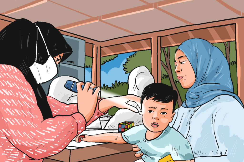 Seorang ibu di Puskesmas Sekaran, Semarang periksakan anak stunting. MOJOK.CO