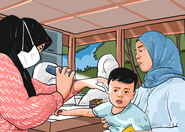 Seorang ibu di Puskesmas Sekaran, Semarang periksakan anak stunting. MOJOK.CO