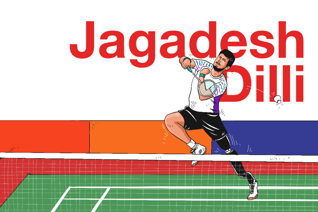 Jagadesh Dilli, atlet para-badminton yang bermain dengan kaki palsu di ajang Polytron Para Badminton International 2025 di GOR Manahan, Solo MOJOK.CO