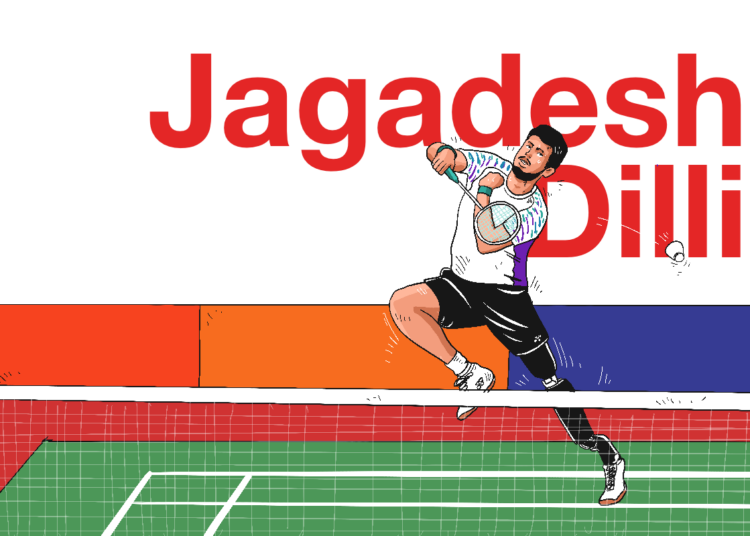 Jagadesh Dilli, atlet para-badminton yang bermain dengan kaki palsu di ajang Polytron Para Badminton International 2025 di GOR Manahan, Solo MOJOK.CO