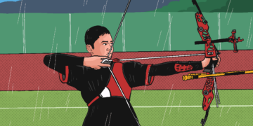 Atlet panahan asal Semarang bertanding di Kota Kudus saat hujan. MOJOK.CO