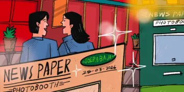 Alumnus UT Dapat Cuan dari Tren Foto Newspaper Photobooth di Jalan Tunjungan Surabaya. MOJOK.CO