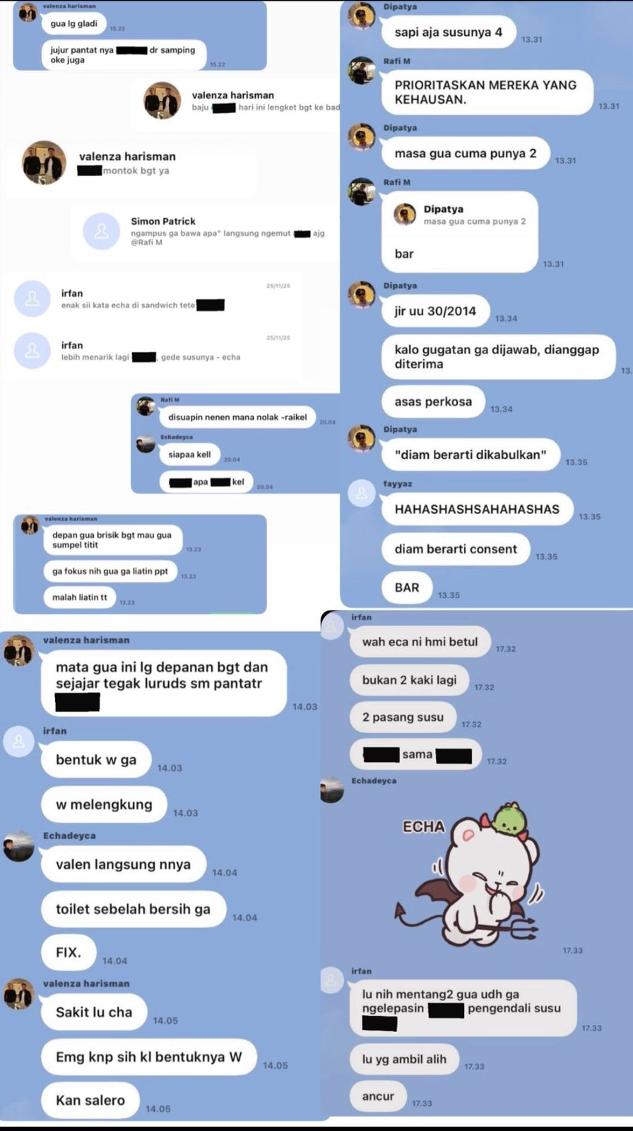 Percakapan dalam grup WA laki-laki FH UI (Sumber: Twitter/@sampahfhui)