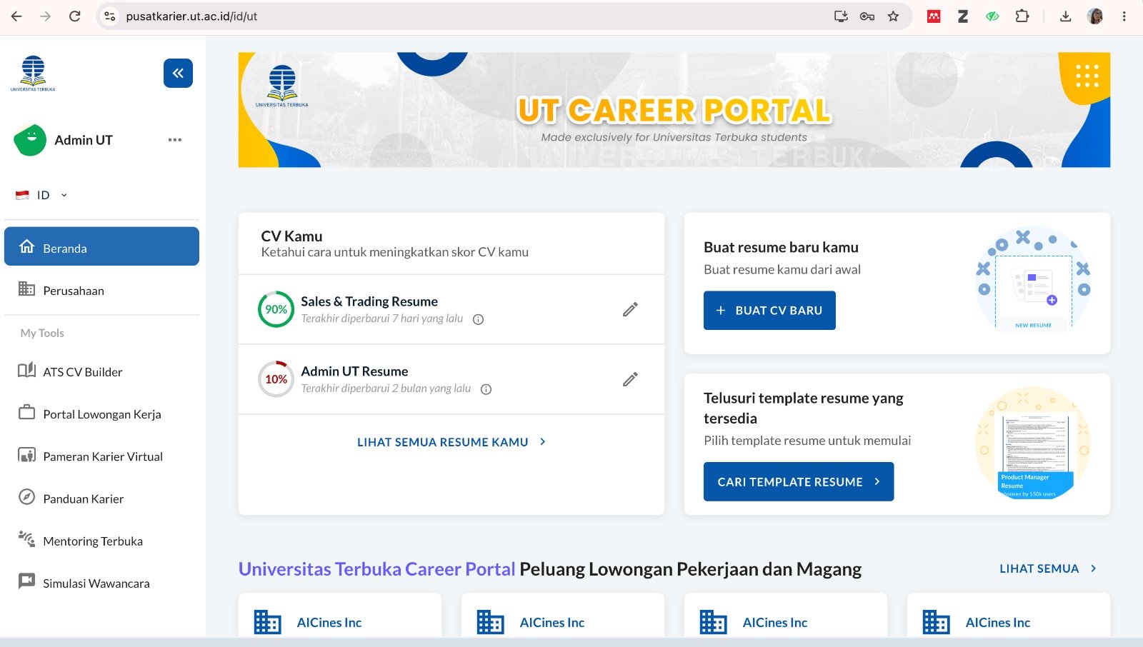 Laman pusat karier Universitas Terbuka MOJOK.CO