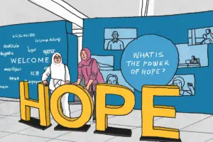 Dua sahabat lansia menikmati libur pensiun di kapal buku terapung Doulos Hope. MOJOK.CO